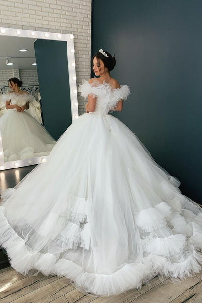 Plissiertes, schulterfreies Ballkleid-Hochzeitskleid mit Tüllrüschen