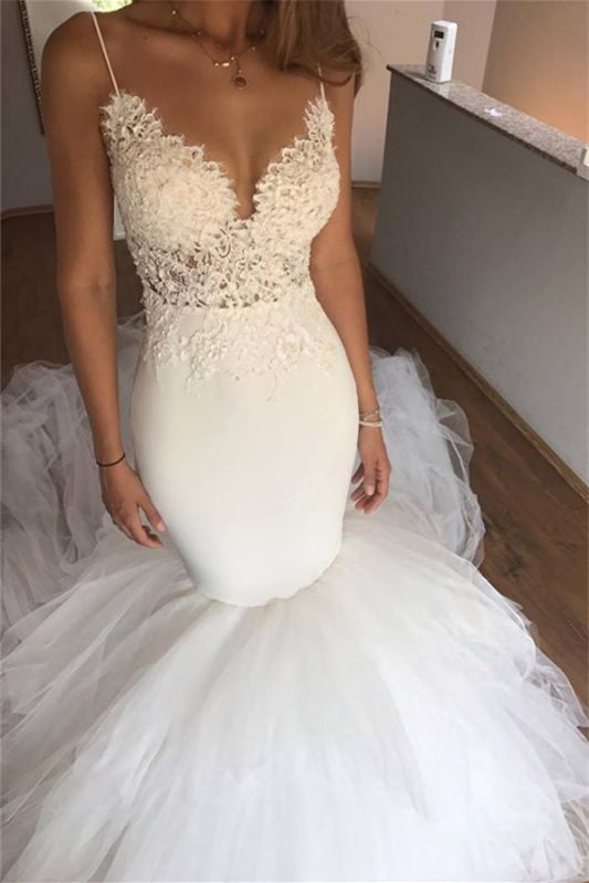 Wunderschönes ärmelloses Meerjungfrau-Brautkleid mit Spitzenapplikationen, lange Brautkleider
