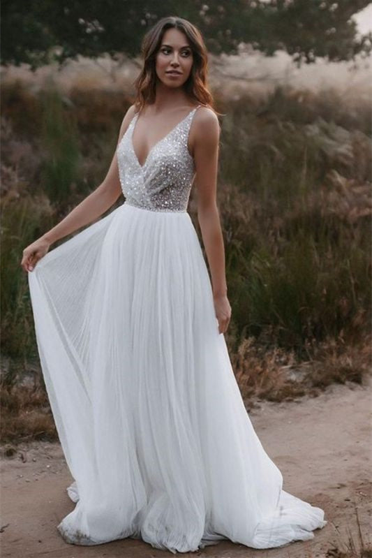 Ärmelloses Brautkleid aus Tüll mit V-Ausschnitt und Pailletten