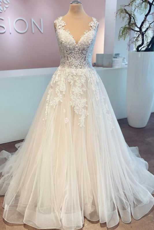 Langes, ärmelloses Brautkleid aus Tüll mit V-Ausschnitt und Spitze in A-Linie