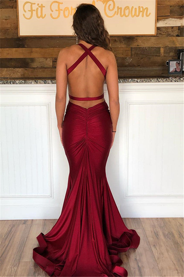 Burgunderrotes Meerjungfrau-Abschlussballkleid, ärmellos