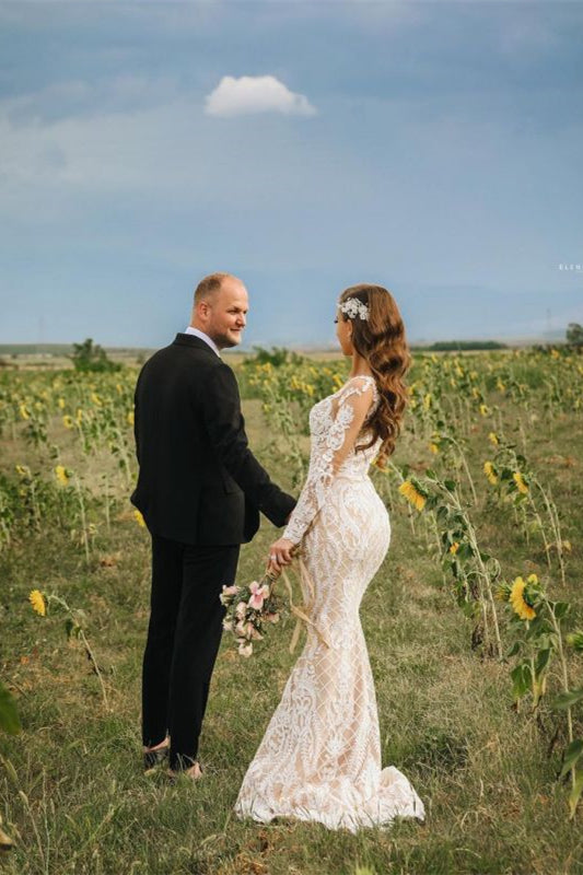 Illusions-Brautkleid mit langen Ärmeln, Meerjungfrau und Spitze online