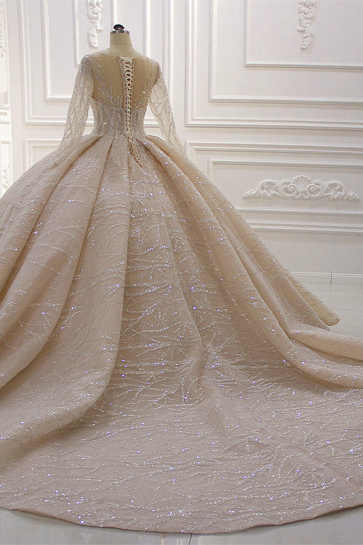 Bateau-Brautkleid mit langen Ärmeln, bodenlangem Ballkleid und Rüschen