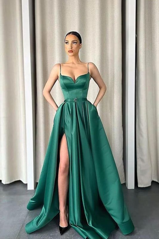 Dunkelgrünes, langes A-Linien-Abschlussballkleid mit Spaghettiträgern, V-Ausschnitt und Schlitz