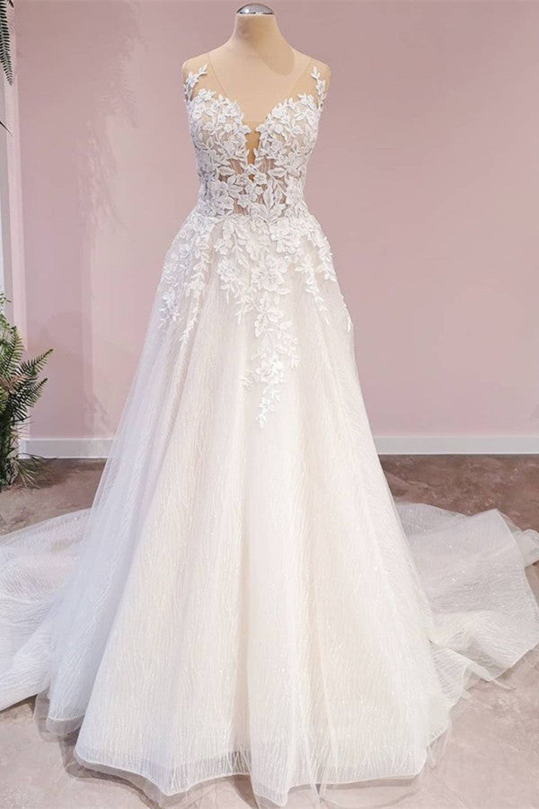 A-Linien-Brautkleid mit Applikationen, Spitze, Tüll, rückenfrei, bodenlang, Schatz