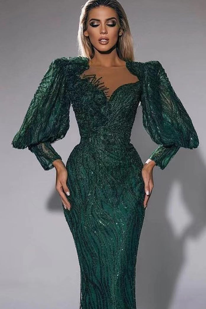 Dunkelgrünes herzförmiges Abendkleid im Meerjungfrau-Stil mit langen Ärmeln und Pailletten