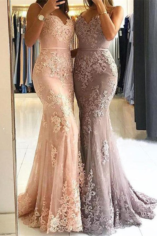 Abendkleid mit Spitzenapplikationen, lang, im Meerjungfrau-Stil