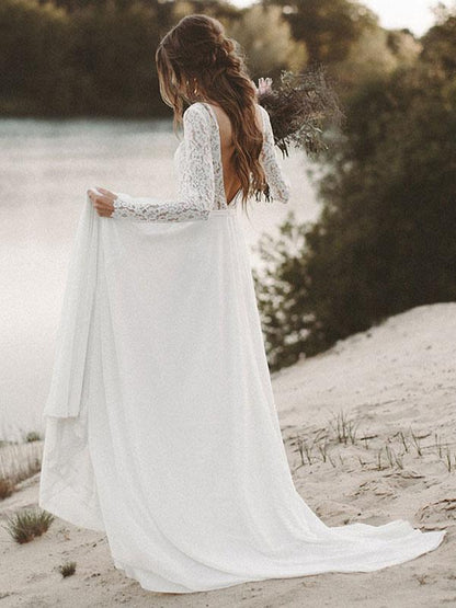 Langärmliges Boho-Hochzeitskleid mit Spitze