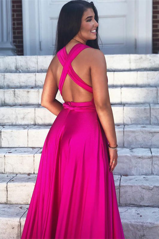 Fuchsiafarbenes, ärmelloses Ballkleid in A-Linie mit V-Ausschnitt und Schlitz