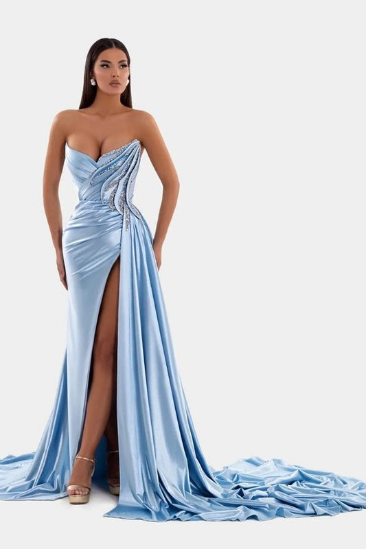 Trägerloses, sexy blaues, ärmelloses Ballkleid mit hohem Schlitz | Ovlias