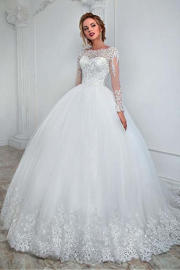 Langärmliges Ballkleid-Hochzeitskleid mit Schmucksteinen, Tüll und Spitze
