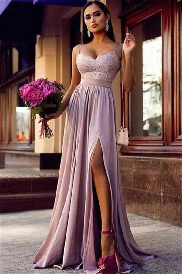 Rosa Spitzen-Abschlussballkleid mit Spaghettiträgern