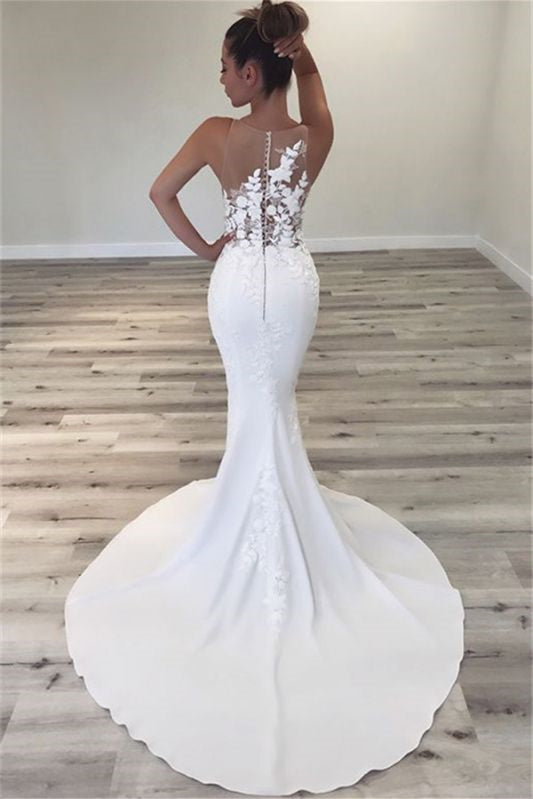 Ärmelloses, juwelenlanges Brautkleid im Meerjungfrau-Stil mit Spitzenapplikationen