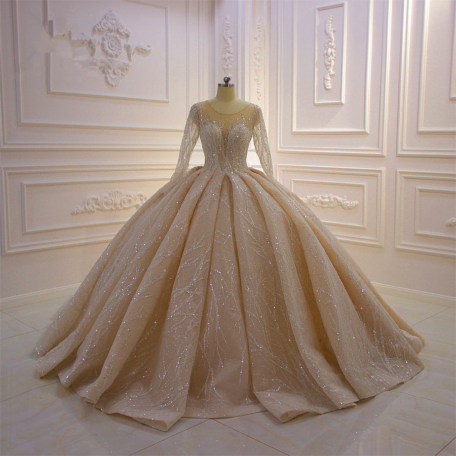 Bateau-Brautkleid mit langen Ärmeln, bodenlangem Ballkleid und Rüschen