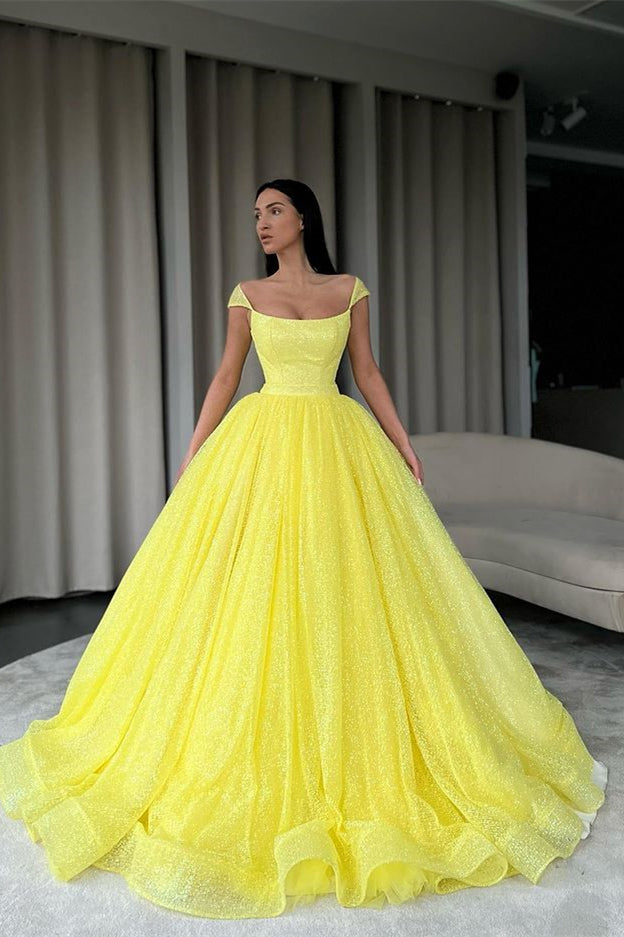 Gelbes, schulterfreies Abendkleid mit Pailletten und Tüllkleid in A-Linie