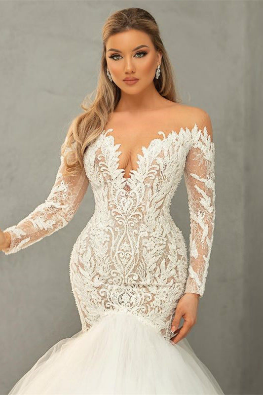 Lange Ärmel, V-Ausschnitt, Spitze, Brautkleid, Tüll, Meerjungfrau