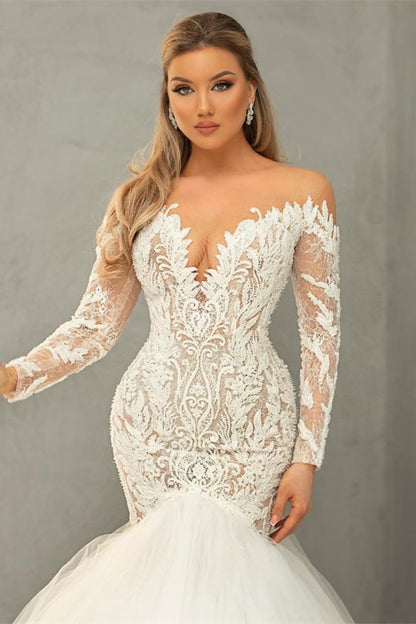 Lange Ärmel, V-Ausschnitt, Spitze, Brautkleid, Tüll, Meerjungfrau