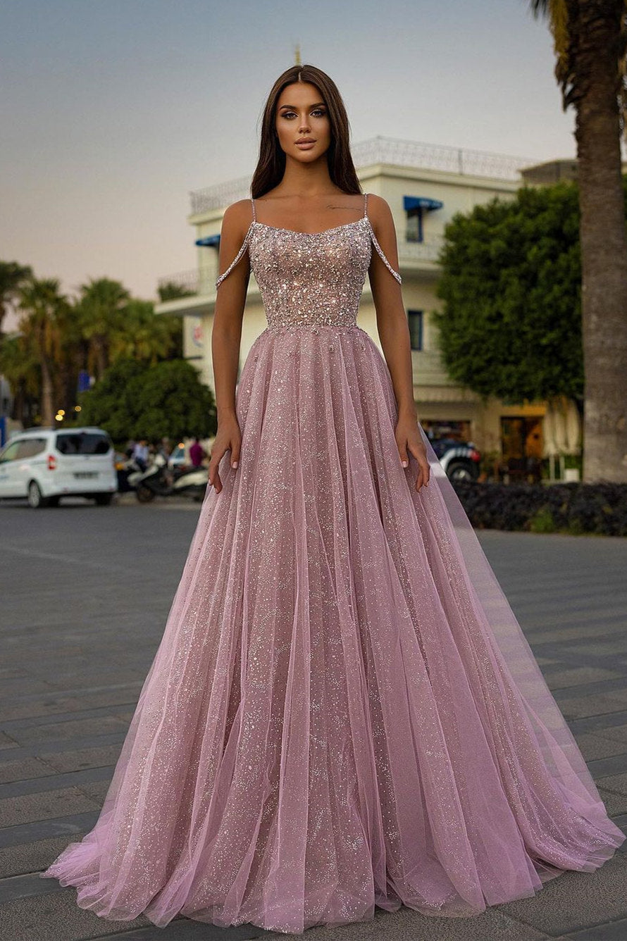 Langes Ballkleid in A-Linie mit Spaghettiträgern, Tüll und Paillettenperlen
