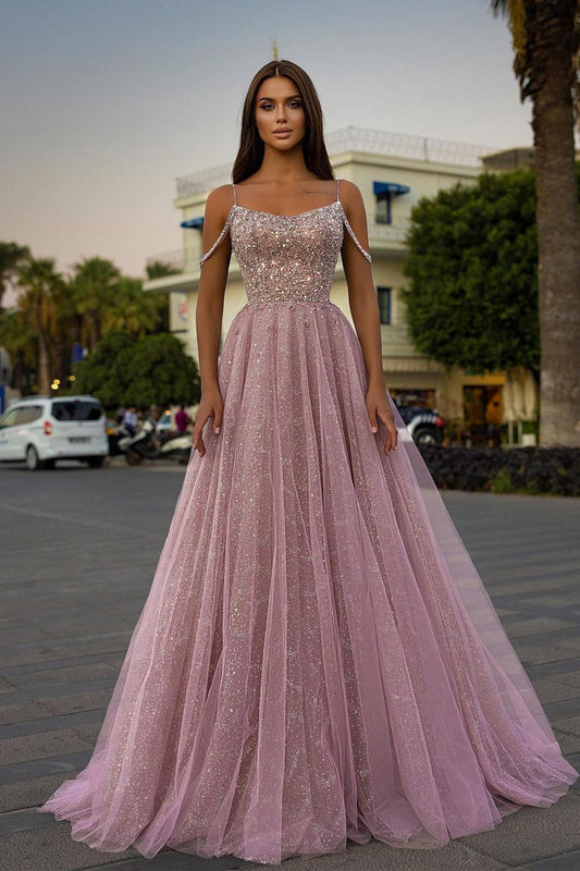 Langes Ballkleid in A-Linie mit Spaghettiträgern, Tüll und Paillettenperlen