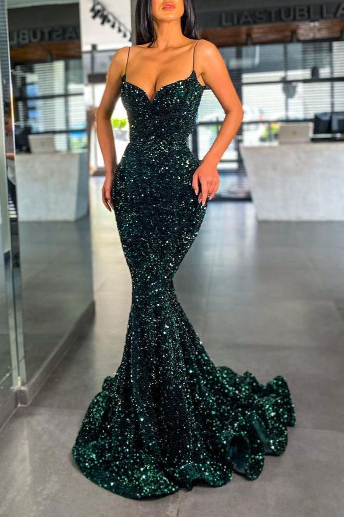 Dunkelgrünes Pailletten-Abschlussballkleid im Meerjungfrau-Stil