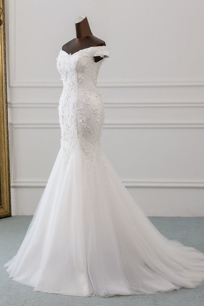 Schulterfreies, langes Meerjungfrau-Brautkleid mit Tüll und Spitze