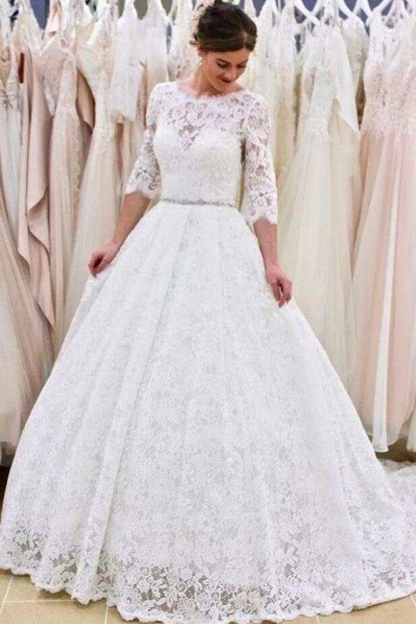 A-Linie, rückenfreies, langes Brautkleid mit Spitze und Ärmeln