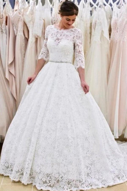 A-Linie, rückenfreies, langes Brautkleid mit Spitze und Ärmeln