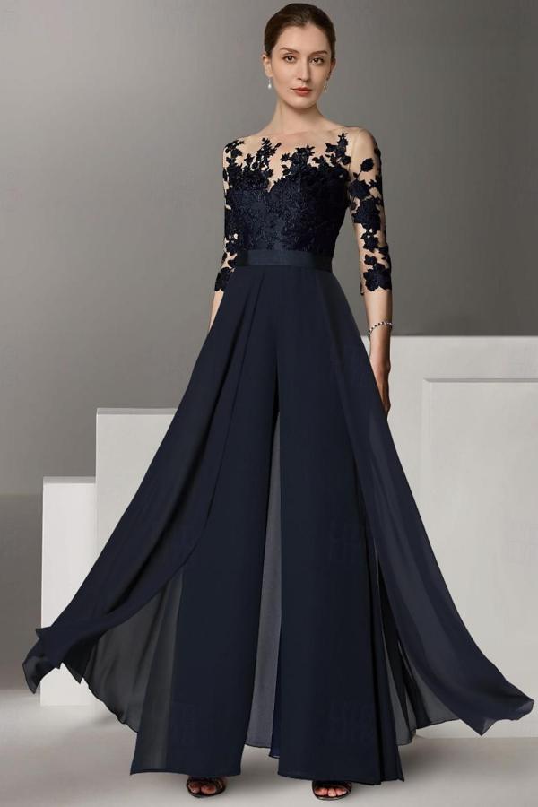 Festliche Hosenanzüge Lang | Chiffon Brautmutterkleider mit Ärmel