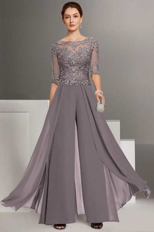 Festliche Hosenanzüge Lang Chiffon Brautmutterkleider Spitze mit Ärmel