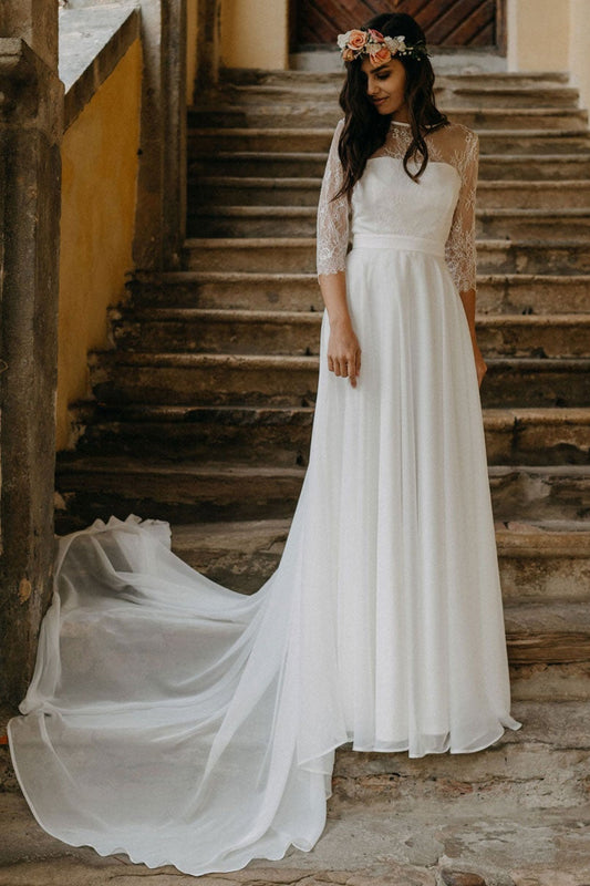 Langes Brautkleid aus Boho-Spitze-Chiffon