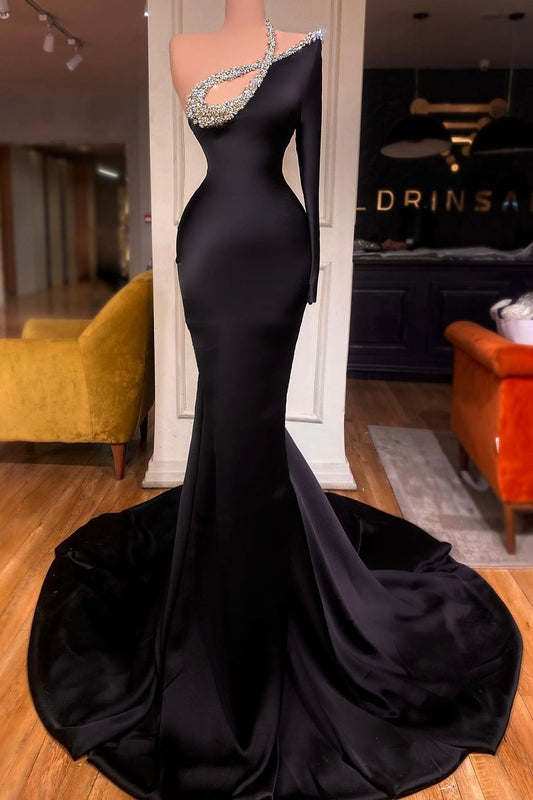 Schwarzes One-Shoulder-Abschlussballkleid im Meerjungfrau-Stil mit Perlen