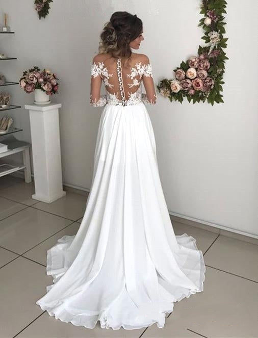 Langes A-Linien-Brautkleid mit langen Ärmeln, Schlitz und Chiffonspitze