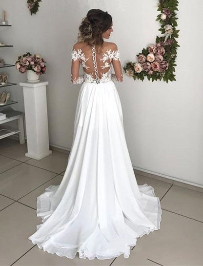Langes A-Linien-Brautkleid mit langen Ärmeln, Schlitz und Chiffonspitze