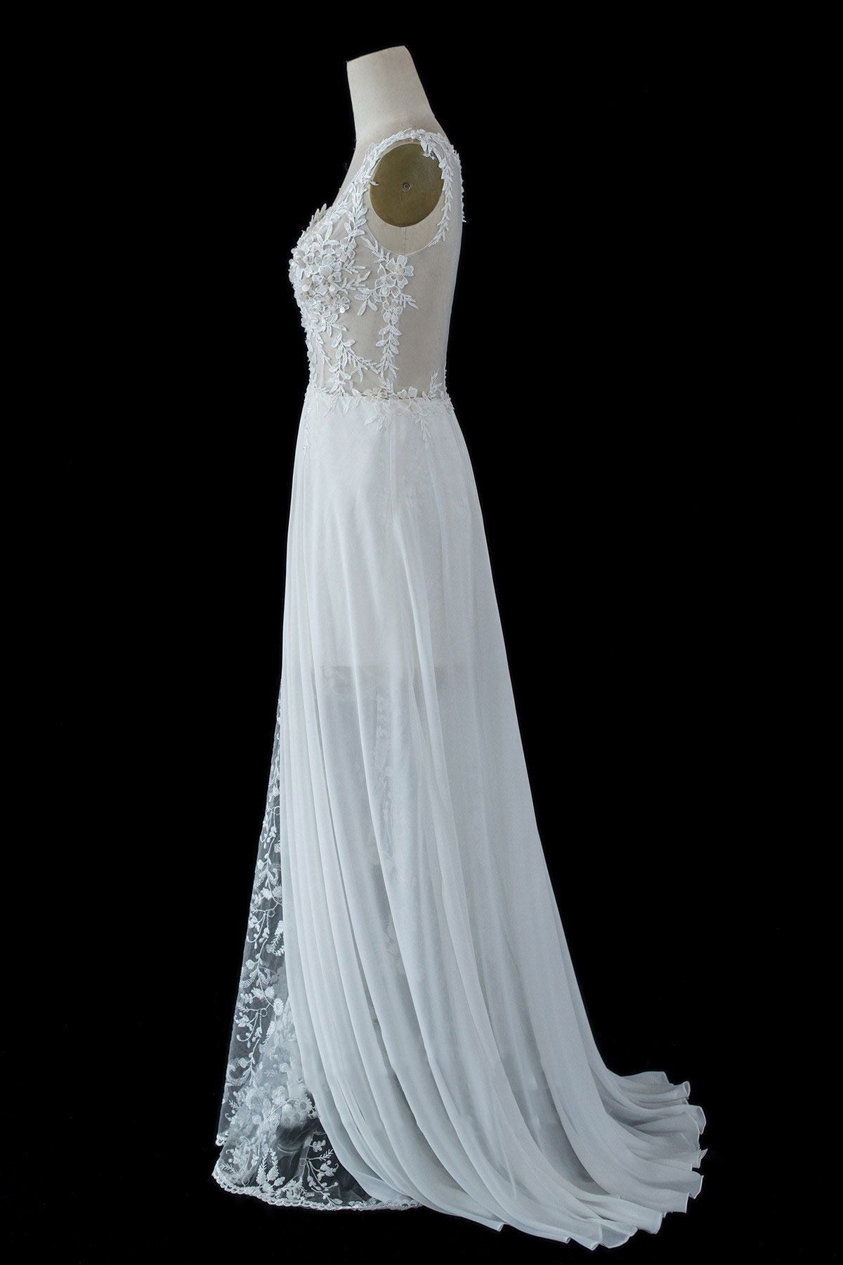 A-Linien-Brautkleid aus transparentem Tüll mit ärmellosen Trägern und Spitzenschlitz