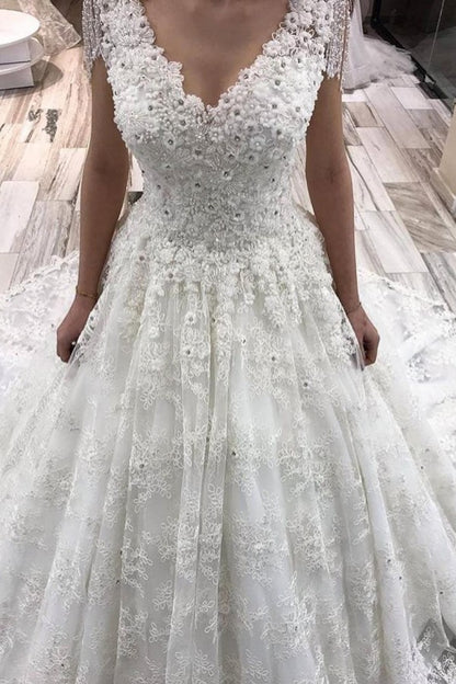 A-Linien-Brautkleid mit V-Ausschnitt, Perlenbesatz und Spitzenapplikationen