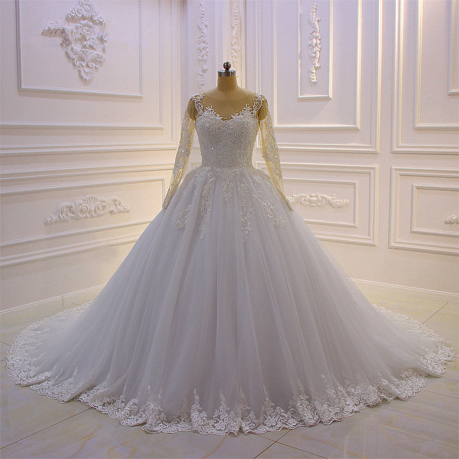 Bateau-Brautkleid in A-Linie mit langärmeliger Spitze, Perlentüll und Applikationen