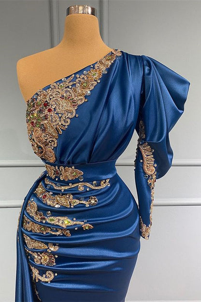 Königsblaues One-Shoulder-Abschlussballkleid im Meerjungfrau-Stil, lang