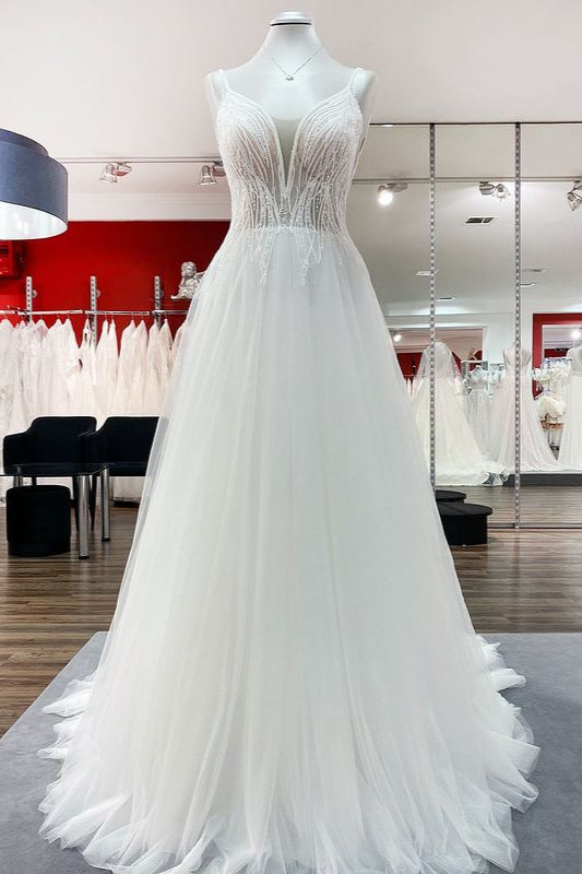 Ärmelloses, rückenfreies Brautkleid mit V-Ausschnitt, Pailletten, Rüschen und A-Linie-Tüll