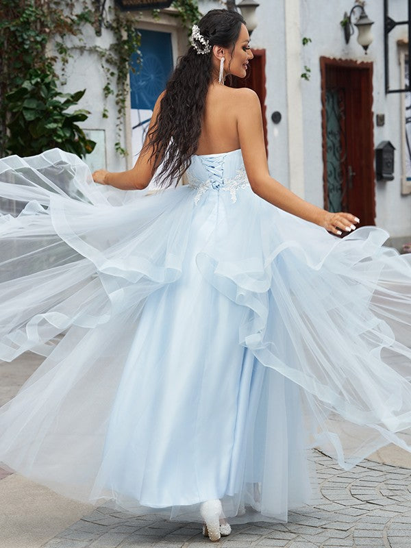 Babyblaues Tüll-Abschlussballkleid lang mit Applikation