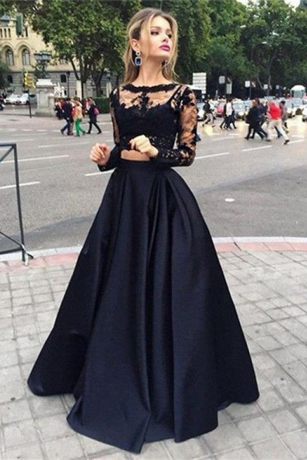 Lange Ärmel, schwarzes Spitzen-Abschlussballkleid, zweiteilig