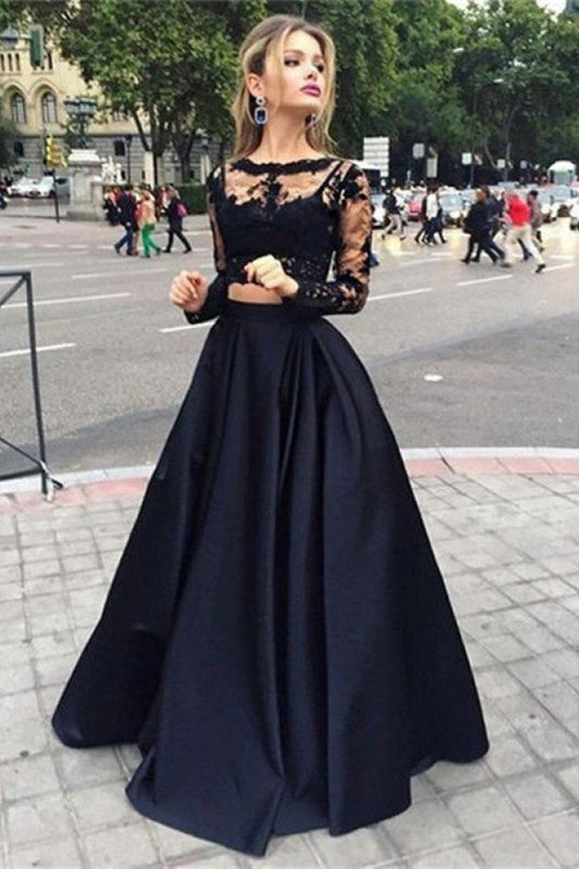 Lange Ärmel, schwarzes Spitzen-Abschlussballkleid, zweiteilig