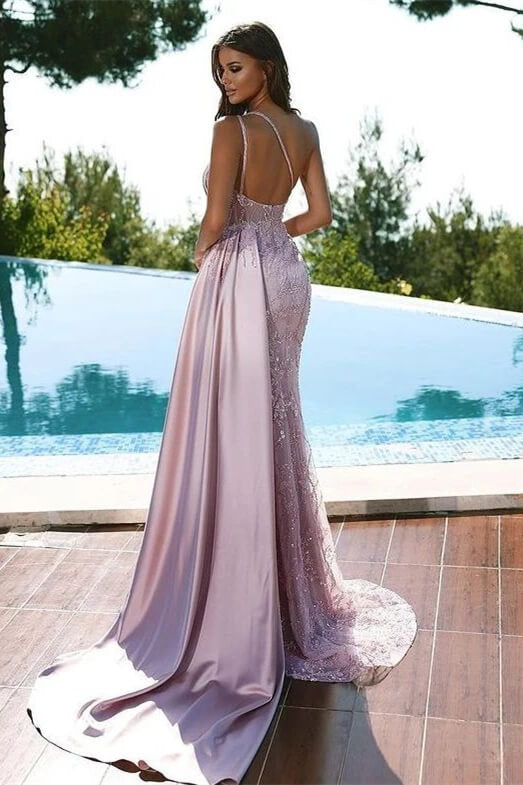 Elegantes rosa One-Shoulder-Abschlussballkleid im Meerjungfrau-Stil mit Perlen und Schlitz