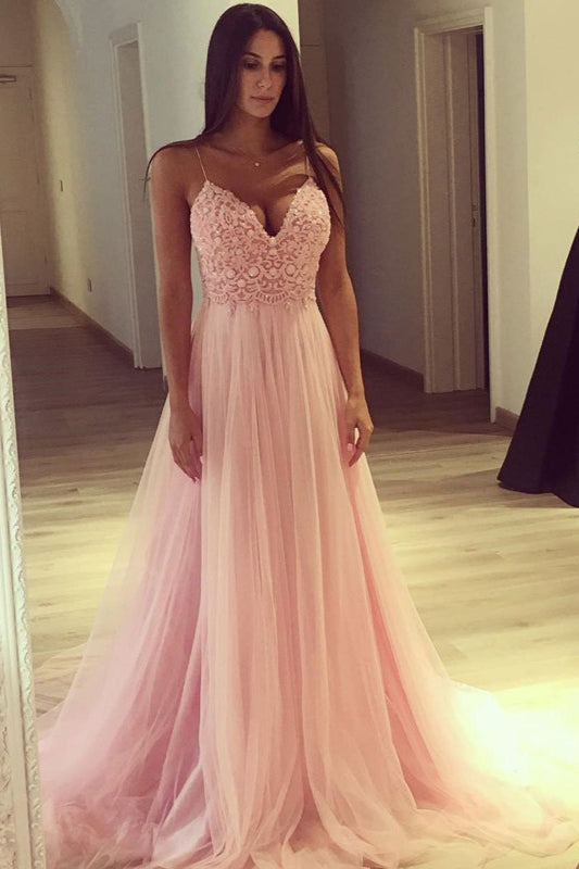 Rosa Tüll-Spitzen-Abschlussballkleid mit Spaghettiträgern