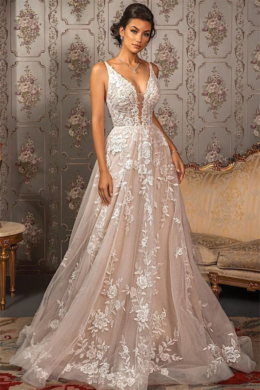 Ärmelloses A-Linien-Brautkleid aus Tüll mit V-Ausschnitt und Spitzenapplikationen