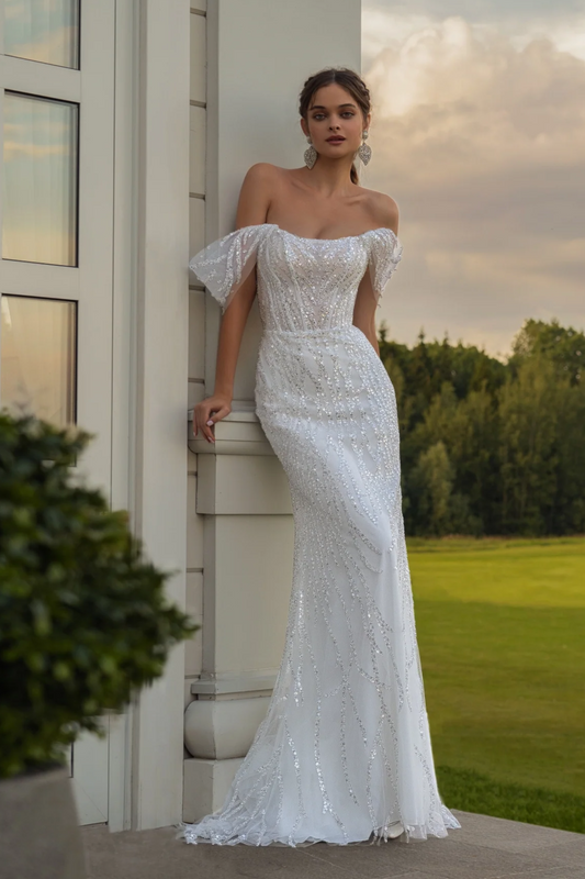 Glänzendes, schulterfreies Meerjungfrauen-Brautkleid mit Pailletten