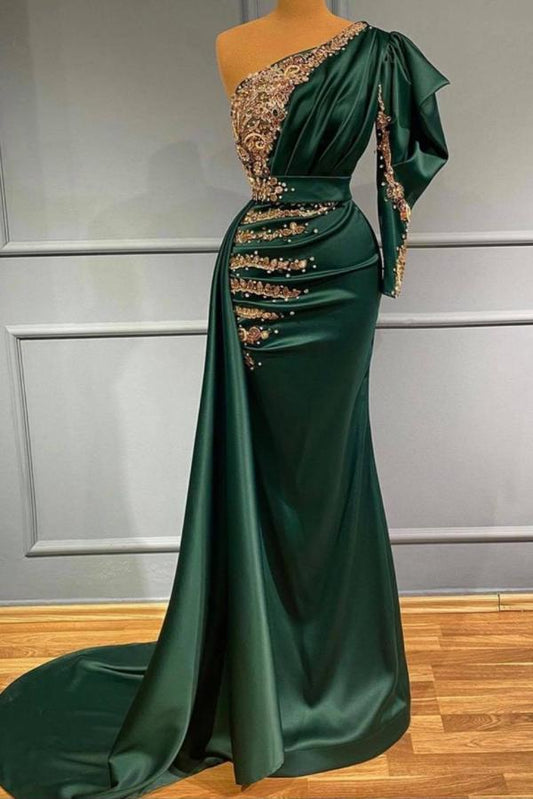 Dunkelgrünes One-Shoulder-Meerjungfrau-Abschlussballkleid