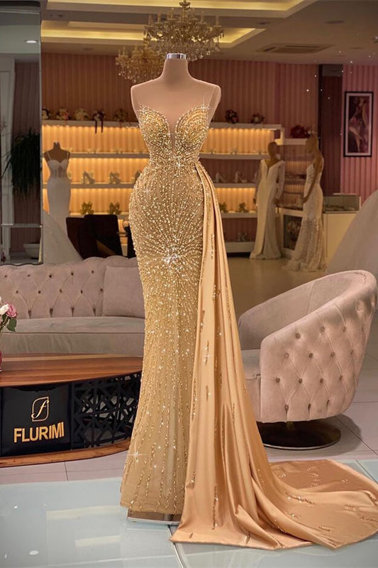 Atemberaubendes goldenes, ärmelloses Meerjungfrau-Abendkleid mit Rüschen und Strasssteinen