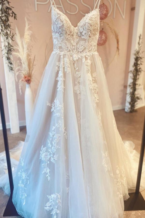 A-Linie, V-Ausschnitt, Spaghettiträger, rückenfrei, langes Brautkleid mit Tüll