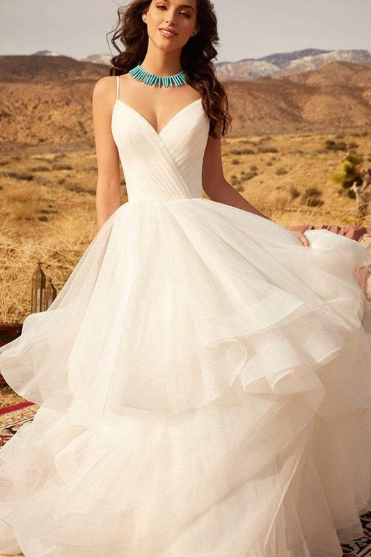 Wunderschönes Brautkleid mit V-Ausschnitt, Spaghettiträgern, rückenfrei, A-Linie mit Rüschen