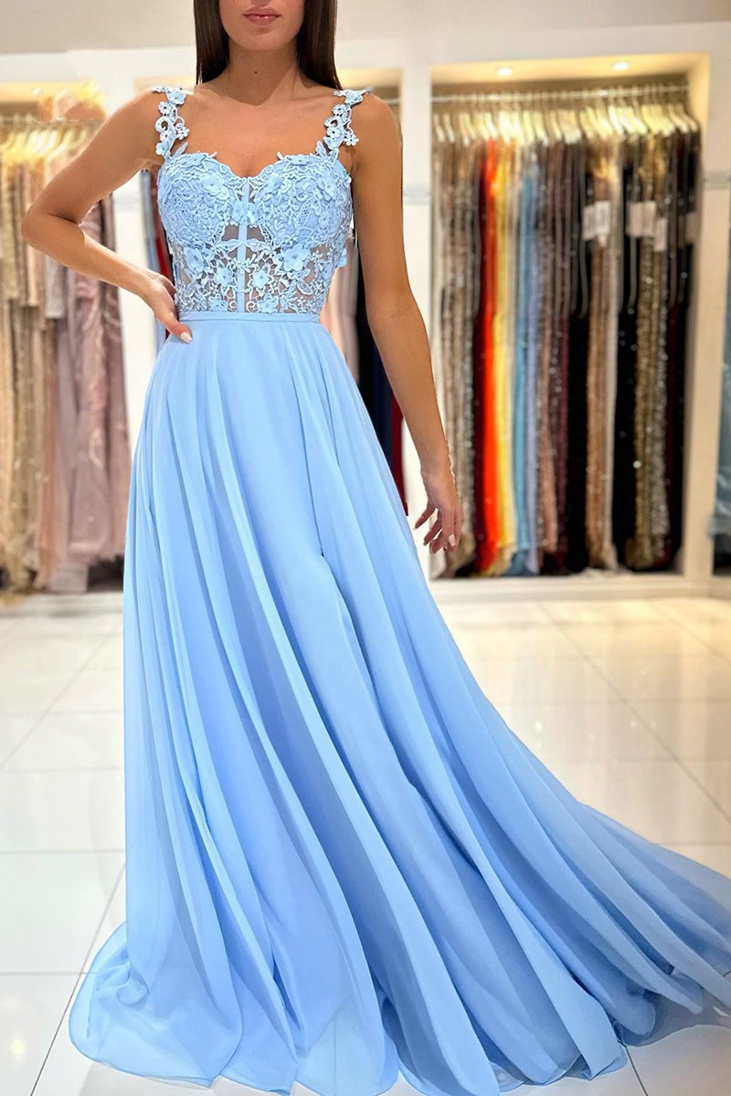 Babyblaues, herzförmiges, langes Ballkleid aus Spitze in A-Linie mit Schlitz